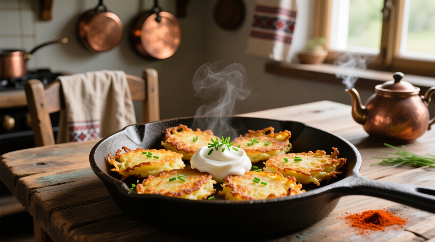 Crispy golden mashed potato latkes served with sour cream