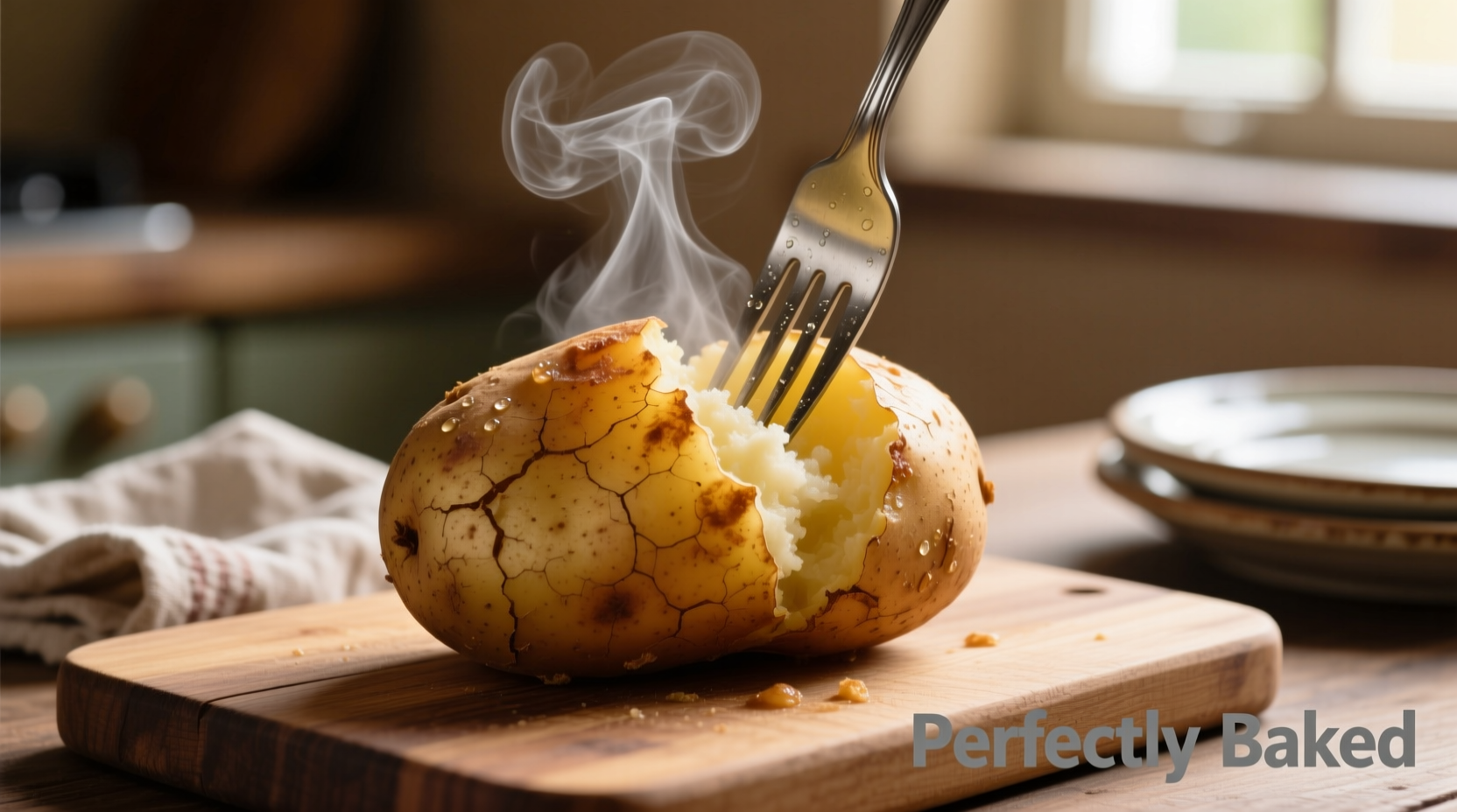 Perfectly baked potato with steam rising from fork test