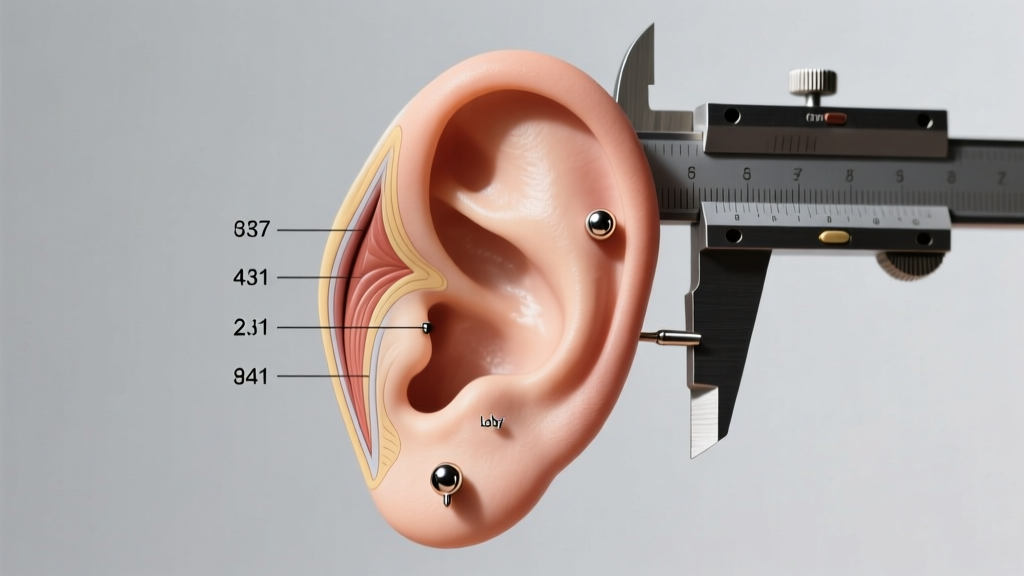 Ear diagram showing gauge sizes for two piercing earrings, with calipers measuring distance between first and second lobe holes.