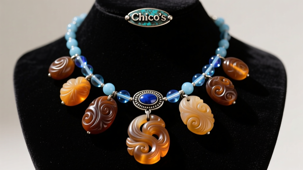 Vintage Chico's 1990s necklace with carved resin pendants, blue glass beads, and an oxidized pewter clasp resting on dark velvet