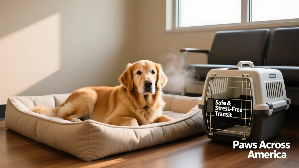 A calm, relaxed dog resting in a clean, padded kennel during a supervised transport break