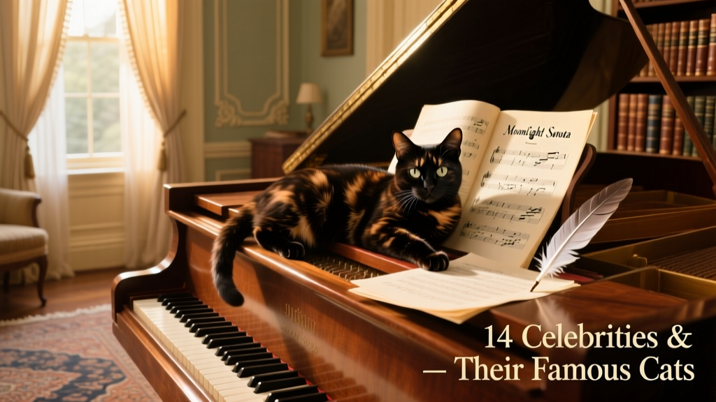 A vintage-style photo of a tortoiseshell cat resting on a grand piano with sheet music nearby