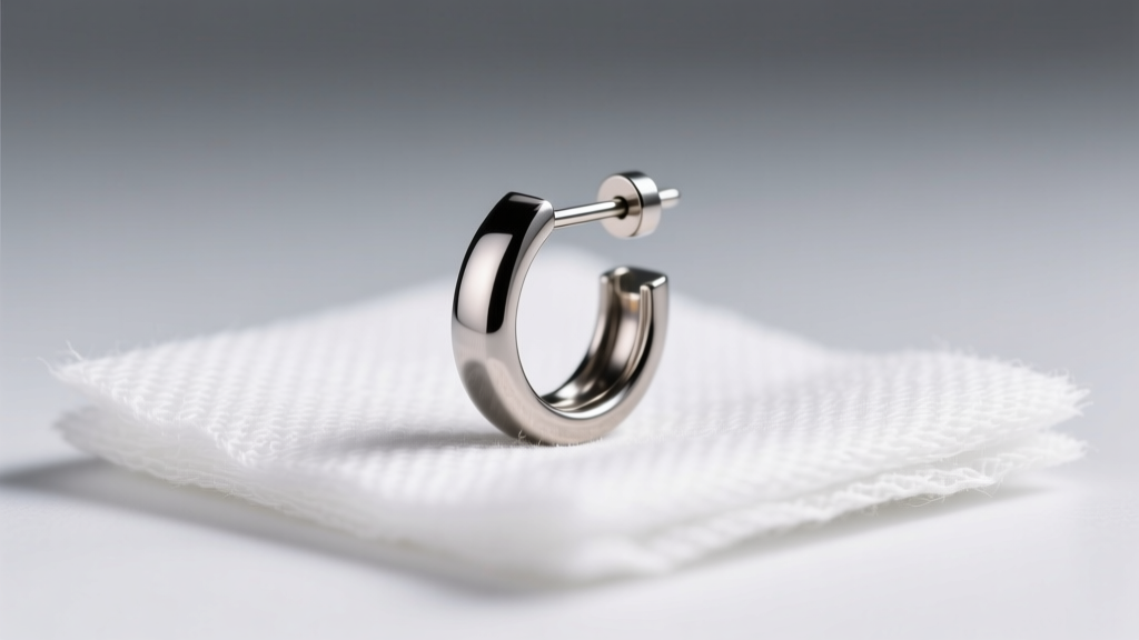 Close-up of a 14-gauge implant-grade titanium industrial bar earring resting on sterile gauze under bright clinical lighting.
