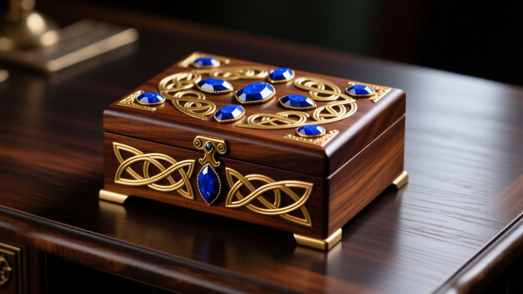 Mahogany jewelry box inspired by OSRS ornate jewelry box, featuring gold leaf inlays and blue lapis cabochons on a dark oak desk