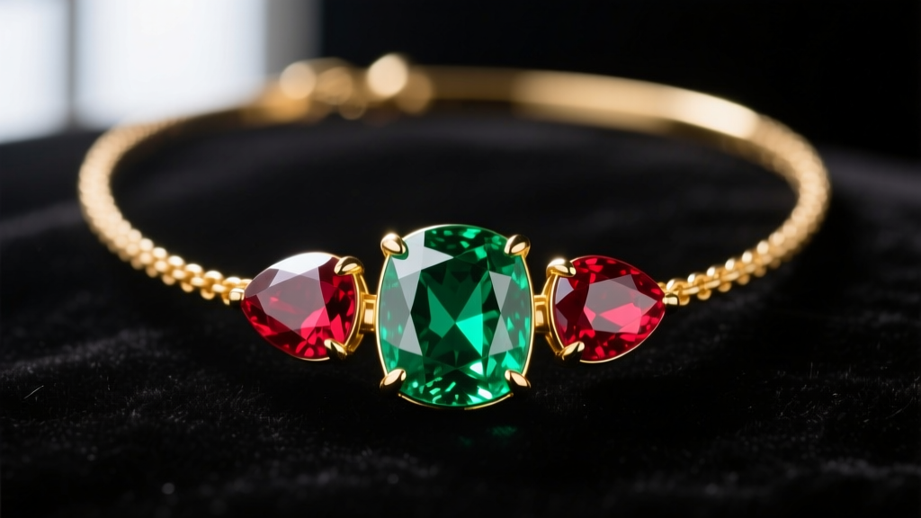 Macro shot of an 18k gold necklace featuring a bezel-set Colombian emerald flanked by two pear-cut Burmese rubies on dark velvet.