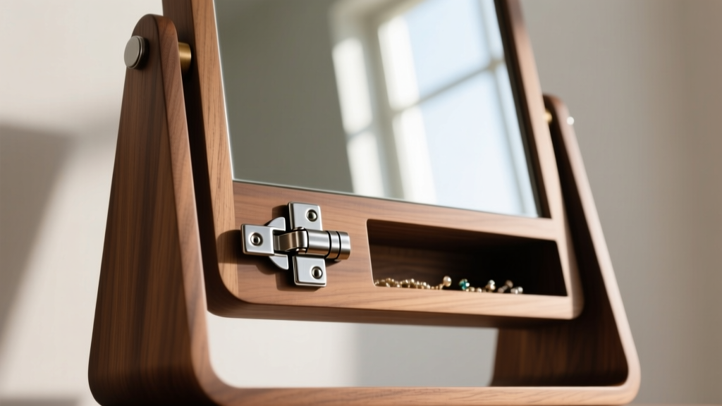 Heavy-duty steel hinges and magnetic safety catch on a wooden stand mirror with jewelry storage, shown from a low angle