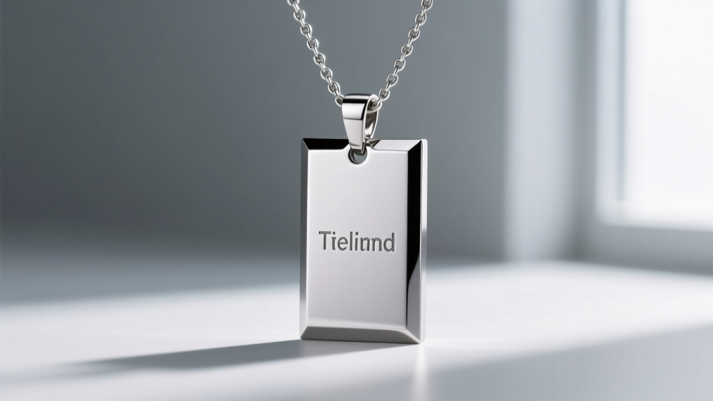 Side profile of titanium necklace with rectangular pendant showing beveled edges and laser-engraved text on the flat metal plane.