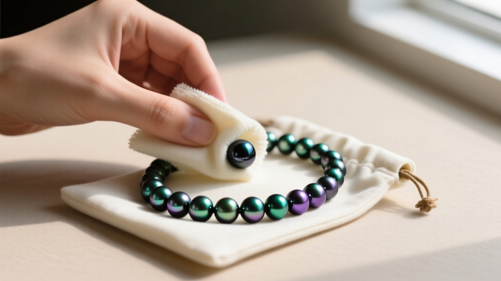 Hands wiping a Tahitian black pearl necklace with a soft cloth before placing it into an acid-free cotton jewelry storage pouch.