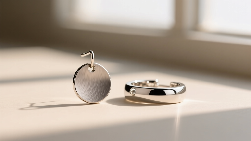 Macro photography of a brushed titanium disc drop earring next to a shiny sterling silver pair, highlighting texture differences.