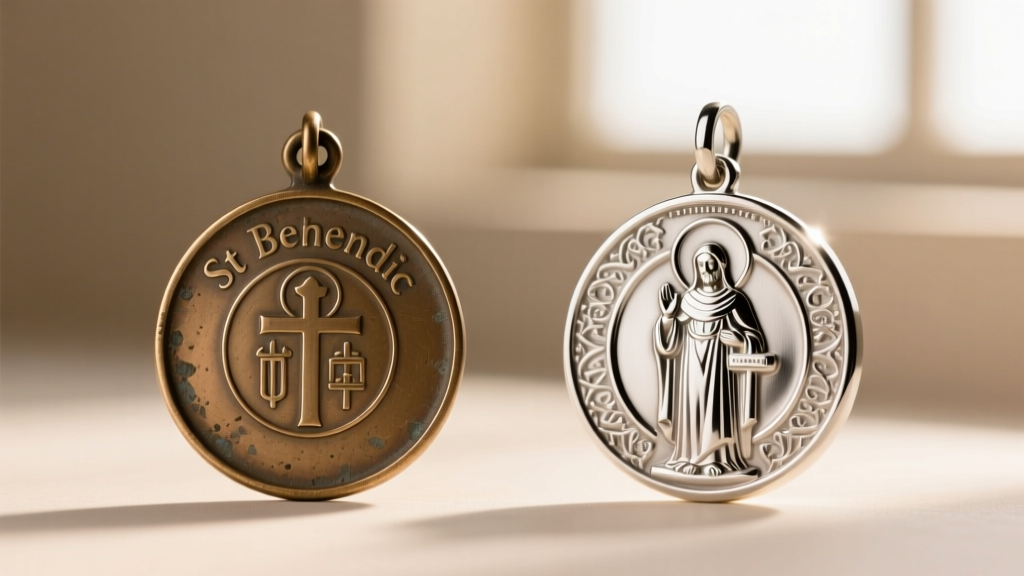 Macro shot comparing a shallow-stamped brass St Benedict medal on the left and a detailed cast sterling silver version on the right.