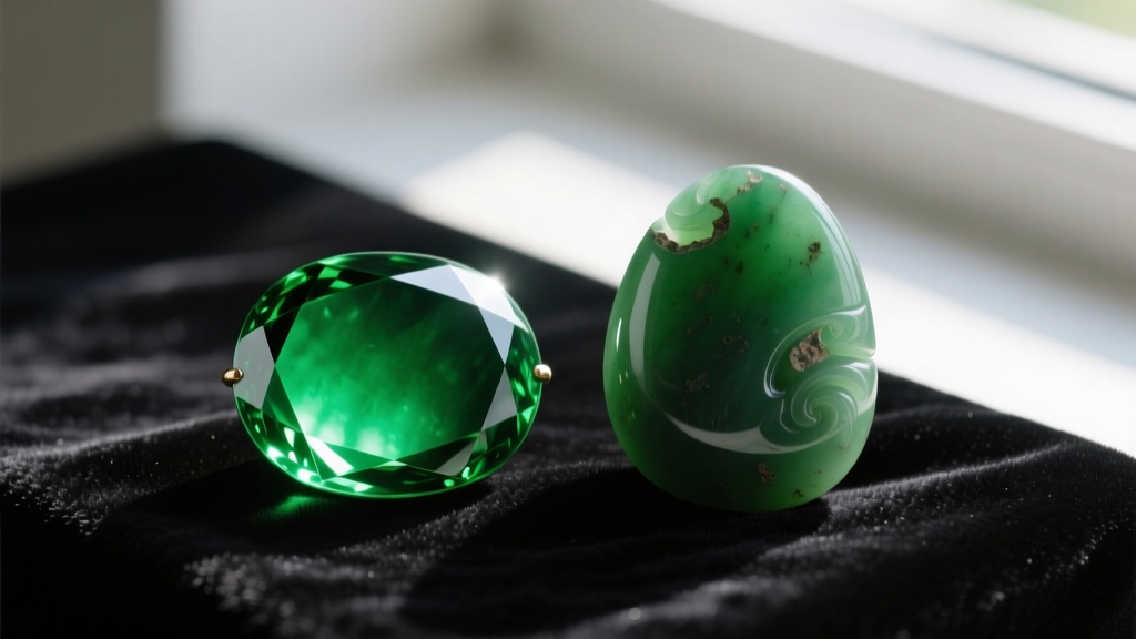 Macro photography comparing a glossy emerald-green jadeite cabochon with a matte, deep spinach-green nephrite carving on velvet.