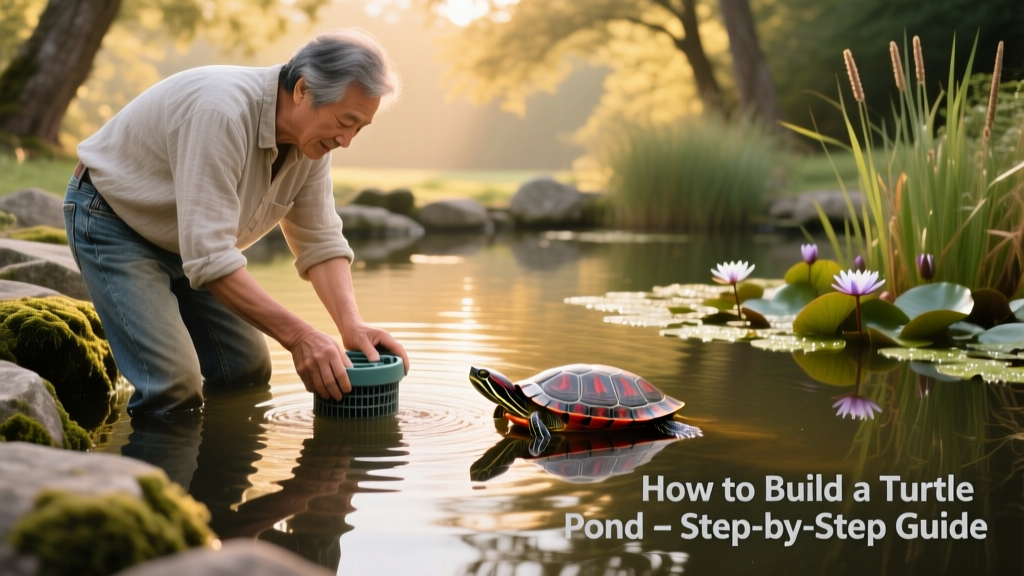 Person gently cleaning pond filter while observing turtle swimming nearby