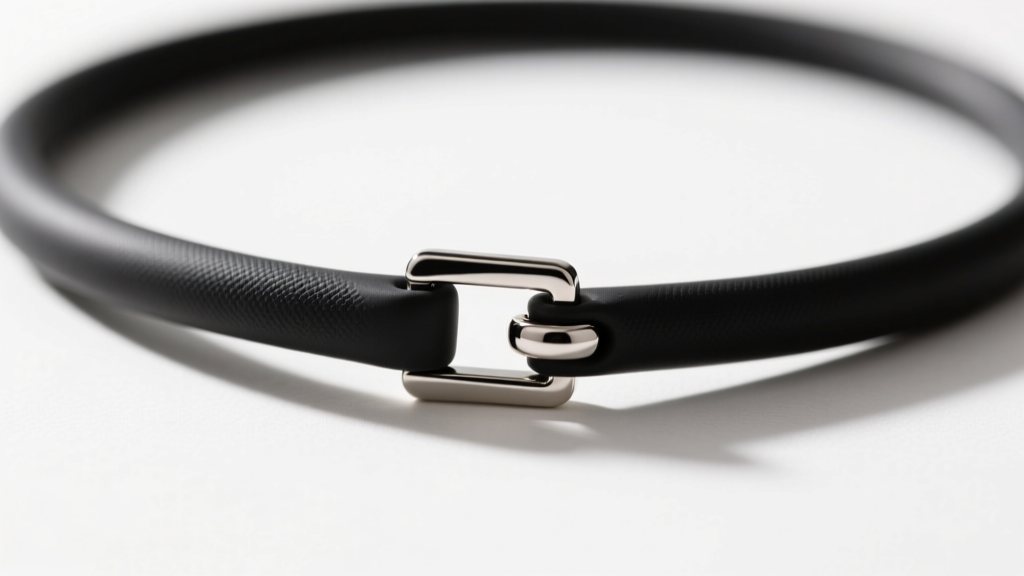 Macro shot of a 4mm silicone rubber necklace cord showing smooth matte texture and a secure steel bayonet clasp mechanism.