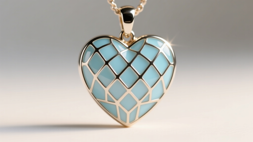 Close-up of a guilloche enamel heart pendant in translucent pastel blue, revealing the intricate engraved metal pattern beneath.