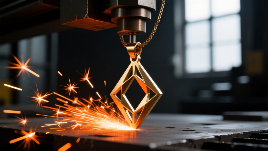 A 20-gauge brass blank being laser-cut into a geometric pendant shape, with bright orange sparks illuminating the dark workshop.