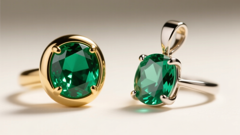 Macro view of a bezel-set emerald pendant beside a prong-set one, showing the protective gold rim around the vibrant green gem.