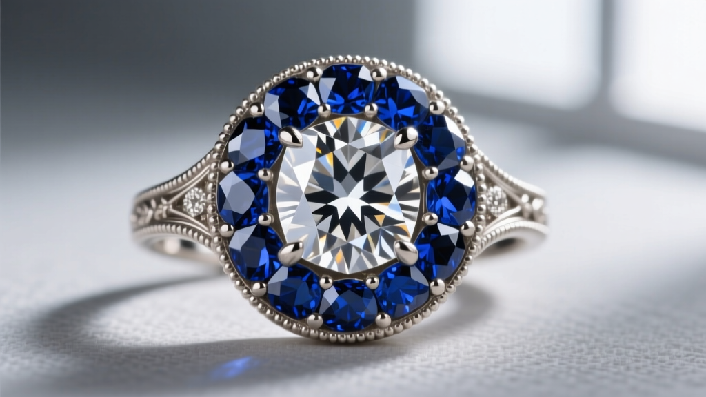 Close-up of an old european cut diamond set in a die-struck platinum bezel with hand-applied milgrain edging and calibre sapphires