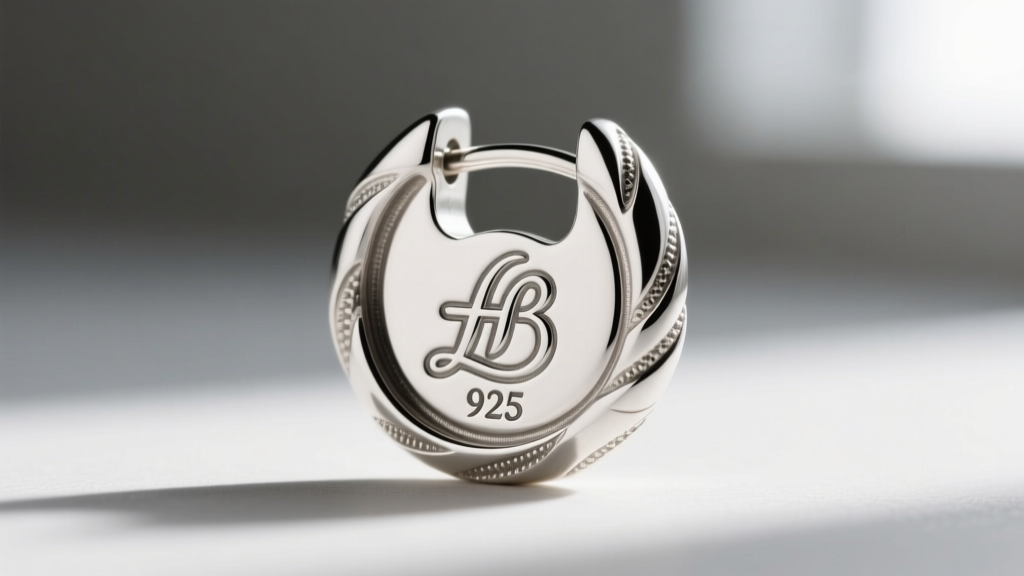 Macro photography of the back of a Laurel Burch earring showing the stamped 925 sterling silver hallmark and copyright LB logo.