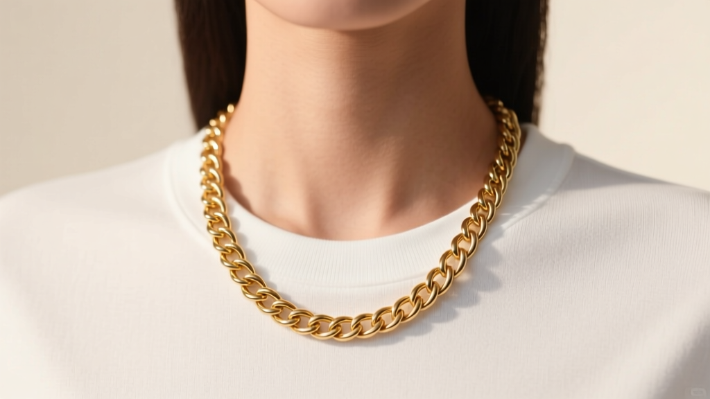 A 20-inch gold cable chain resting on the collarbone of a model in a white crew shirt, illuminated by soft, warm studio lighting.
