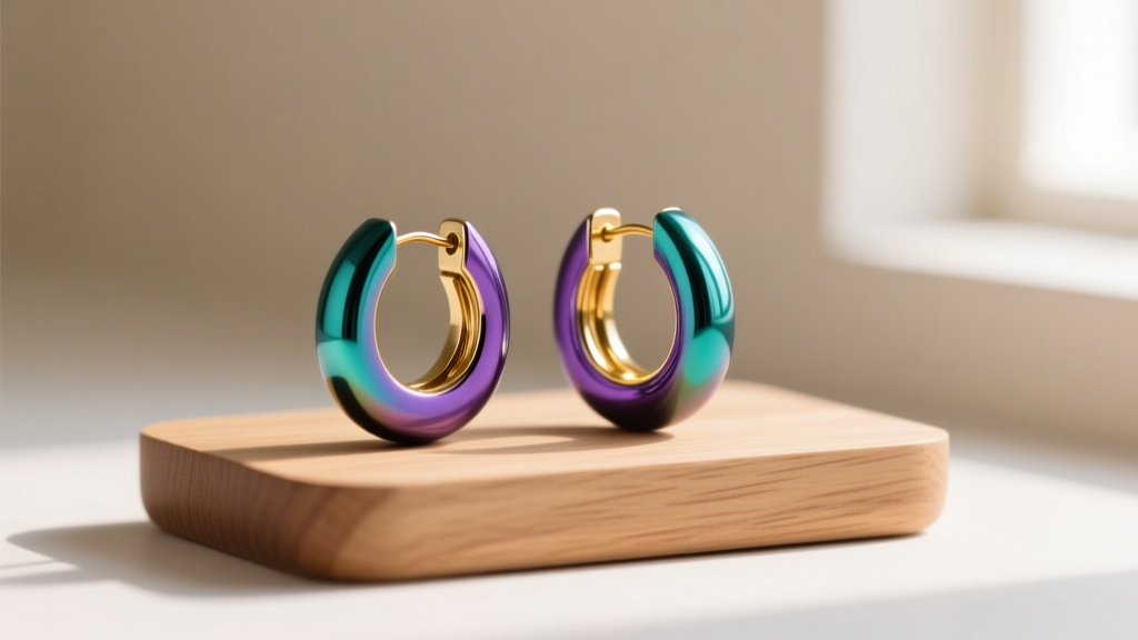 Teal, purple, and gold anodized titanium huggies on a wooden display stand, illuminated by bright, soft natural window light