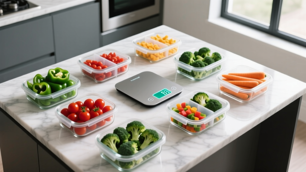 Overhead view of a marble kitchen island displaying a digital smart nutrition scale, glass meal prep containers with silicone dividers, and fresh chopped vegetables