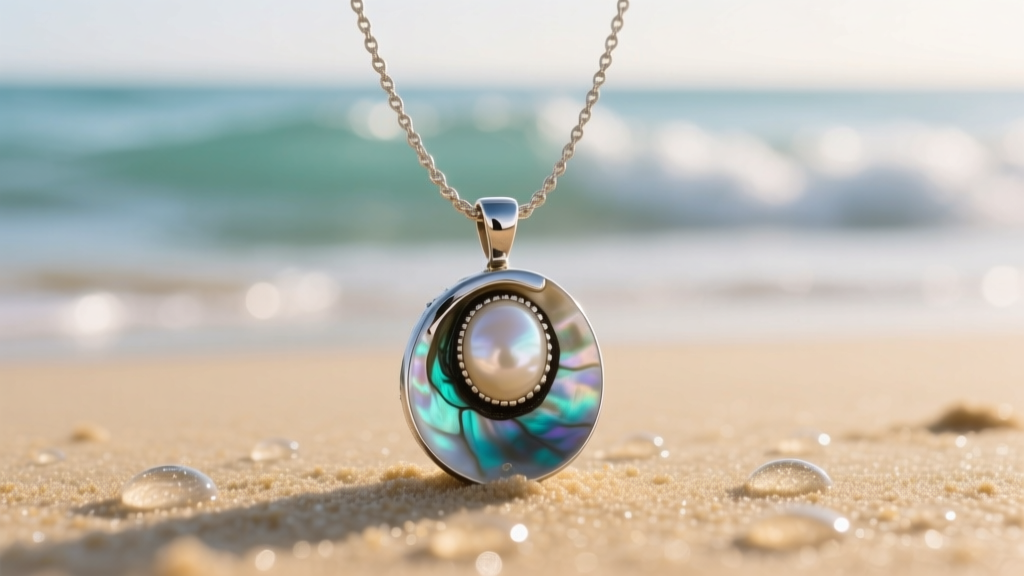 Macro shot of an abalone sea necklace pendant in brushed marine steel resting on wet sand with blurred ocean waves behind it