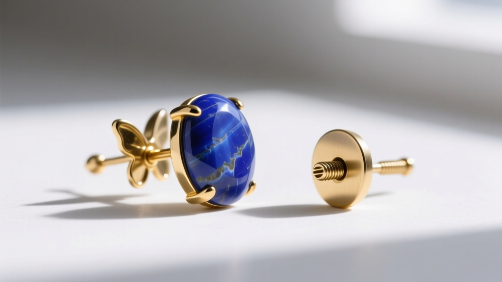 Side profile of a converted vintage lapis earring showing a modern 20-gauge gold post and butterfly back next to a screw-back