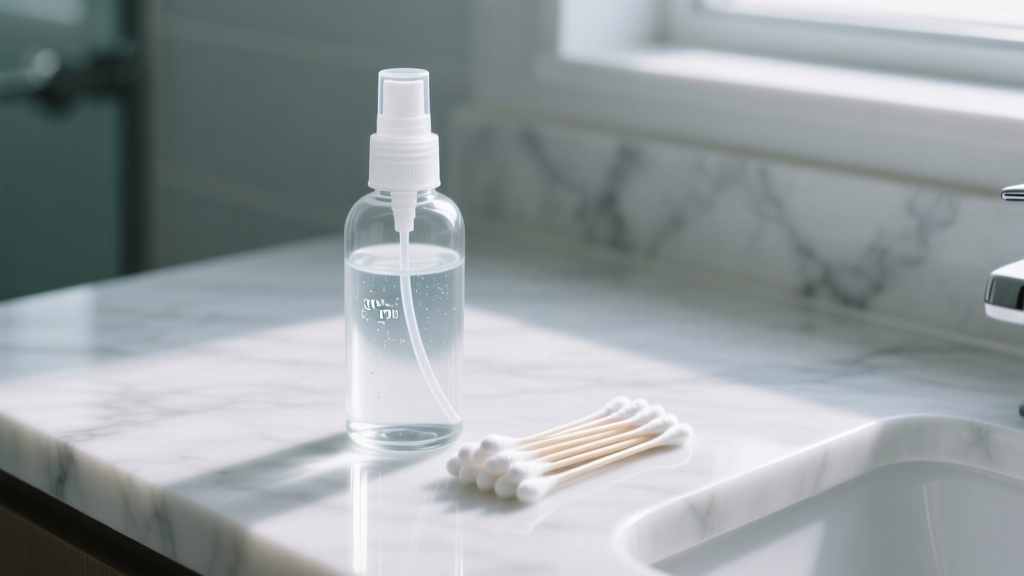 Sterile glass spray bottle of 0.9 percent saline solution next to clean cotton swabs resting on a white marble bathroom counter