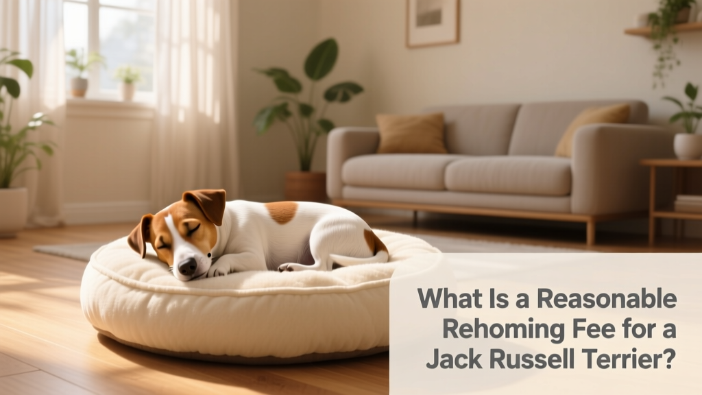 A Jack Russell Terrier curled up asleep on a cozy dog bed in a bright, welcoming living room