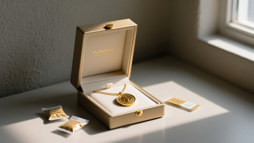 Open jewelry box containing a gold-plated coin necklace, silica gel packets, and anti-tarnish strips resting in a dimly lit room