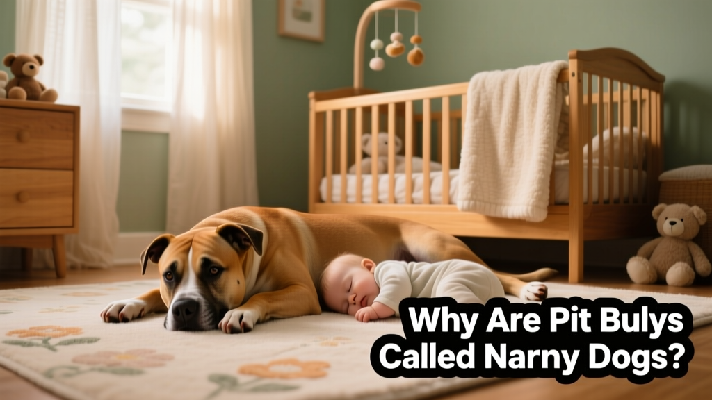 Modern photo of a well-socialized Pit Bull lying peacefully beside a sleeping toddler in a safe, cozy nursery setting