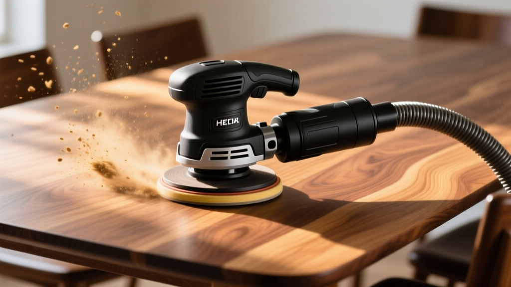 Close-up of a random orbital sander smoothing a walnut dining table surface, with fine wood dust being captured by a HEPA vacuum hose attachment