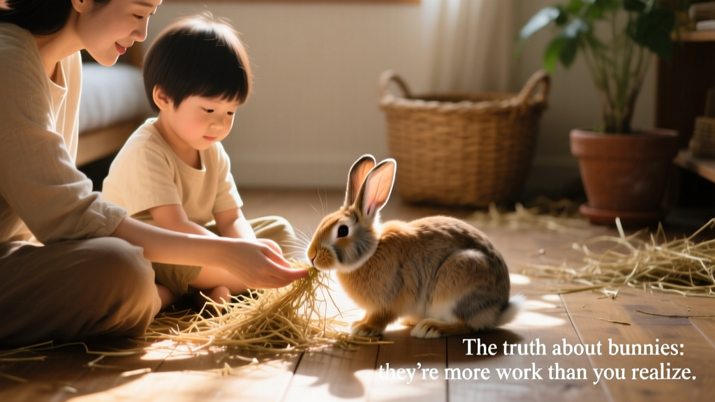 An adult and child sitting side-by-side on the floor, calmly offering hay to a relaxed rabbit who approaches voluntarily