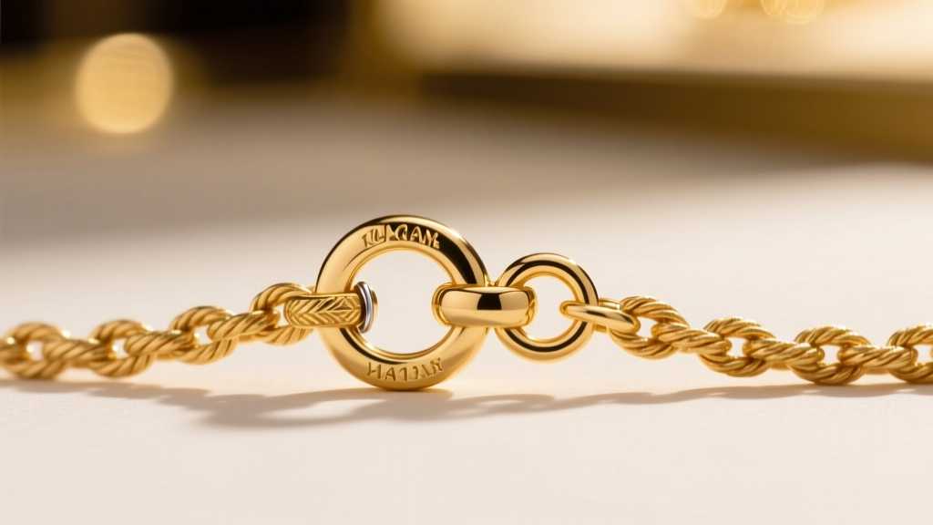Macro shot of a 5mm 14k gold lobster clasp attached to a soldered jump ring on a delicate 20 inch rope chain