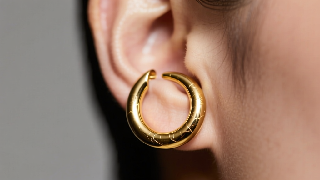 Close-up of a single 14k yellow gold huggie hoop in a left ear lobe, studio lighting, sharp focus on polished metal texture