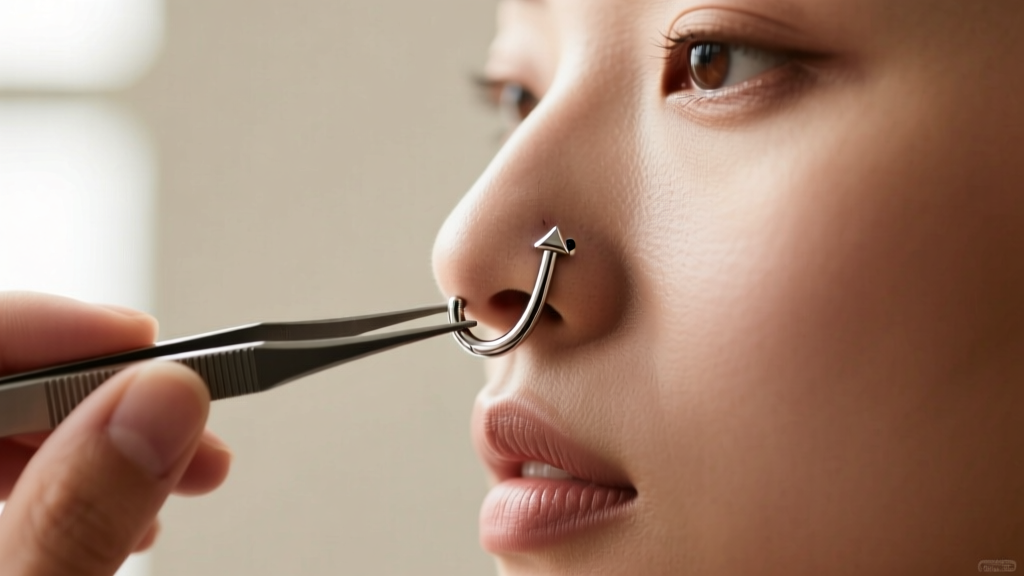 Person holding a titanium l shape nose jewelry piece with tweezers, preparing to insert it into a fully healed nostril piercing.
