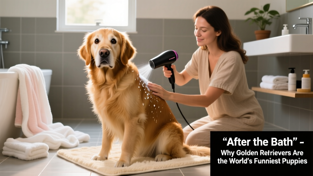 Kathryn gently drying Teddy’s back with a handheld dryer while he sits calmly on a plush bath mat, surrounded by fluffy towels