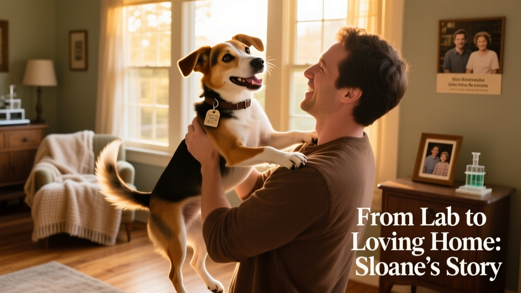 Sloane held playfully aloft by her owner, eyes bright and ears flapping