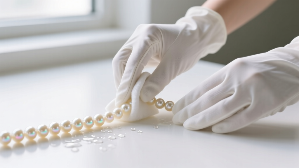 Hands in white cotton gloves gently wiping a strand of cream glass pearls with a damp microfiber cloth on a clean workspace
