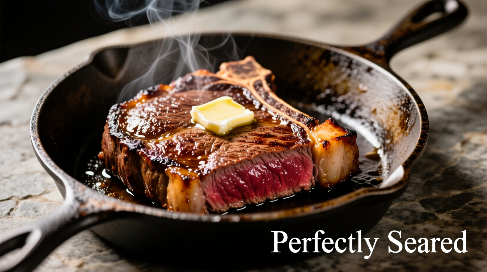 Perfectly seared steak with golden crust in cast iron pan