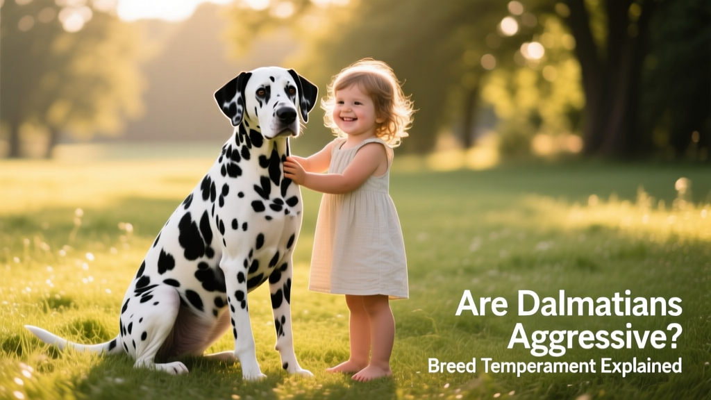 A friendly, well-socialized adult Dalmatian sitting calmly beside a child on grass