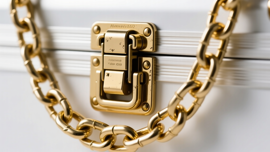 Detailed shot of a heavy-duty box clasp with a double safety latch securing a thick 10mm streetwear gold chain in sharp focus