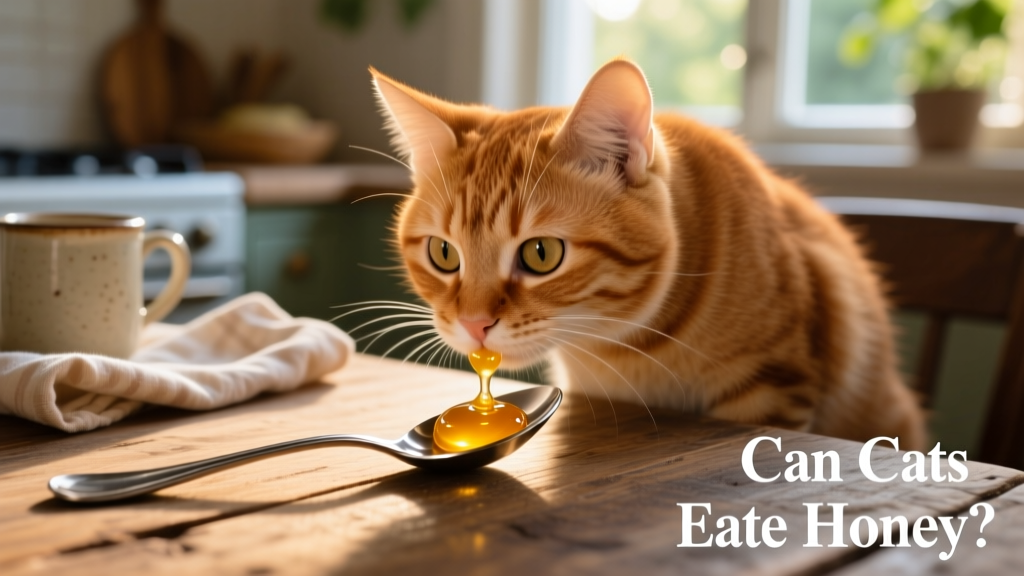 A curious cat sniffing a small dollop of honey on a spoon