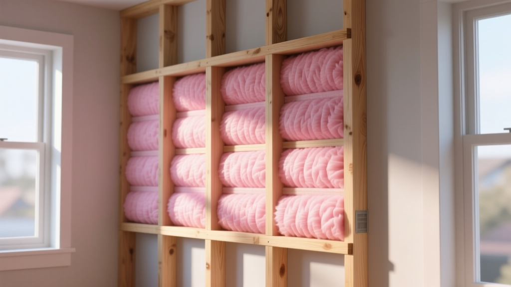 Cross-section of a residential wall cavity showing pink fiberglass batts nestled between wooden studs with a digital cost overlay graphic
