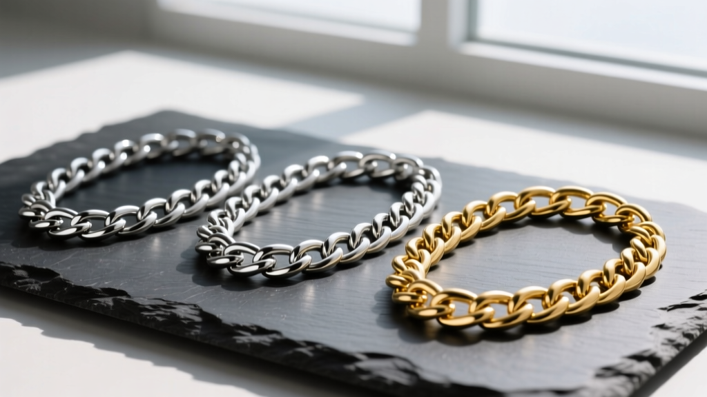 Flat-lay of three 18-inch chains in titanium, silver, and 14k gold showing distinct draping curves on a dark slate surface