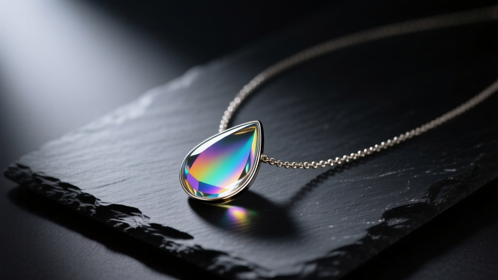 Dichroic glass teardrop necklace resting on dark slate, illuminated by soft directional light to highlight its metallic inclusions