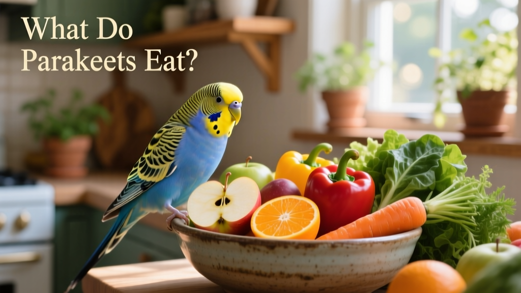 A vibrant blue and yellow parakeet perched beside a colorful bowl of fresh fruits and vegetables