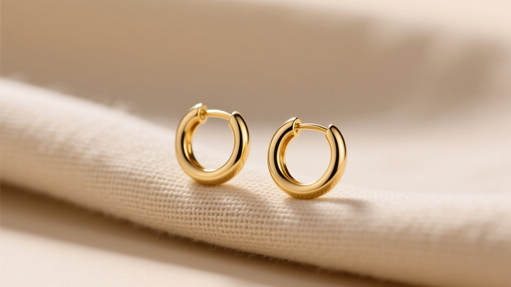 Close-up of 14k gold filled open circle stud earrings on beige linen, soft studio lighting highlighting the polished metal curve.