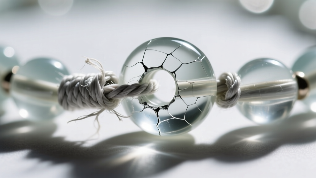 Macro shot showing frayed elastic cord inside a scratched acrylic bead hole, demonstrating material failure in a rosary choker