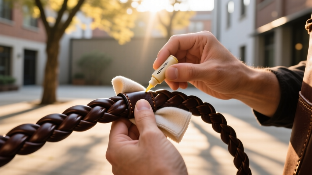 Hands applying pH-balanced leather conditioner to a dark brown braided cowhide cord using a soft, clean microfiber cloth outdoors.